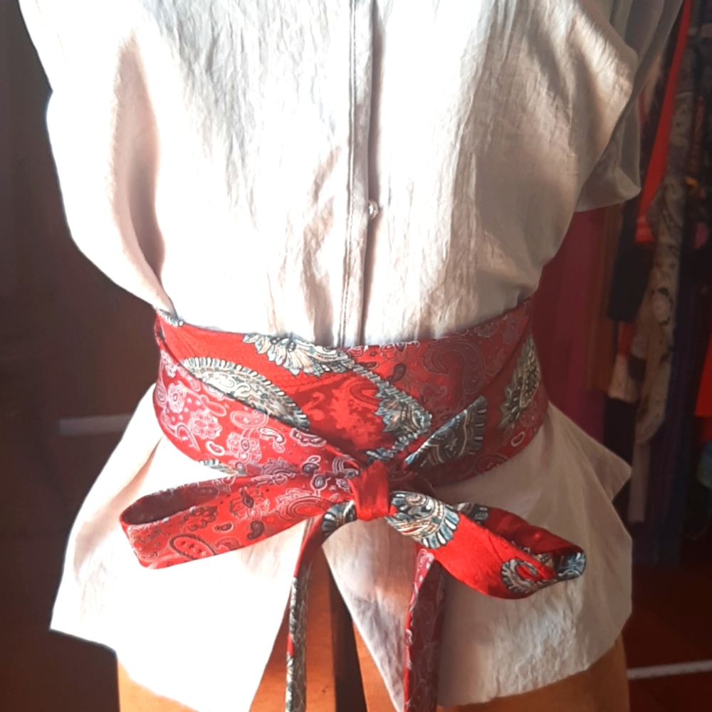 Artist Made obi belt hand sewn and beaded from vintage ties. One size fits all.